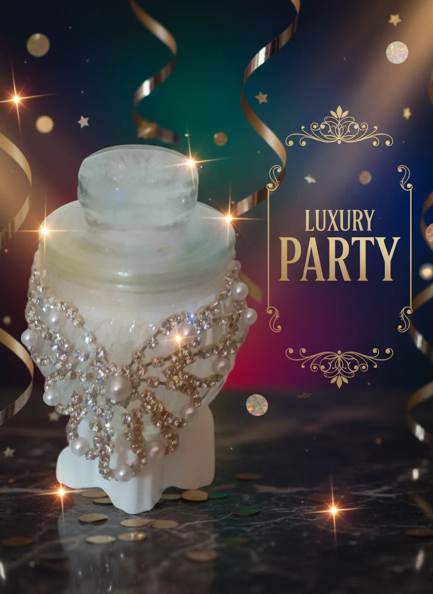 Pearl and cubic embellished glass jar on a table