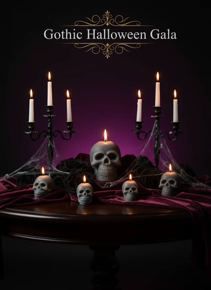 Gothic Halloween Gala setup with candles and skulls on a dark background